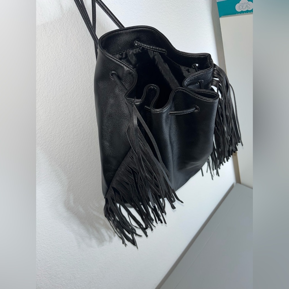 Victoria's Secret Fringe Bucket Bag Drawstring Black Faux Leather Large NWOT - Picture 8 of 16